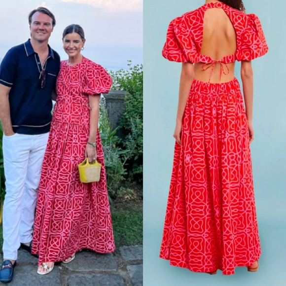 Agua by Agua Bendita Samba  Cutout-Back Print Puff Sleeve Maxi Dress Red Large - Picture 4 of 15